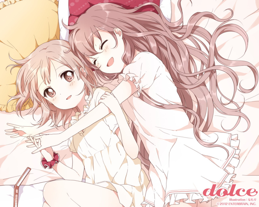:d ^_^ bed cellphone closed_eyes copyright_request eyes_closed long_hair lying multiple_girls namori open_mouth phone pillow scrunchie smile yuri