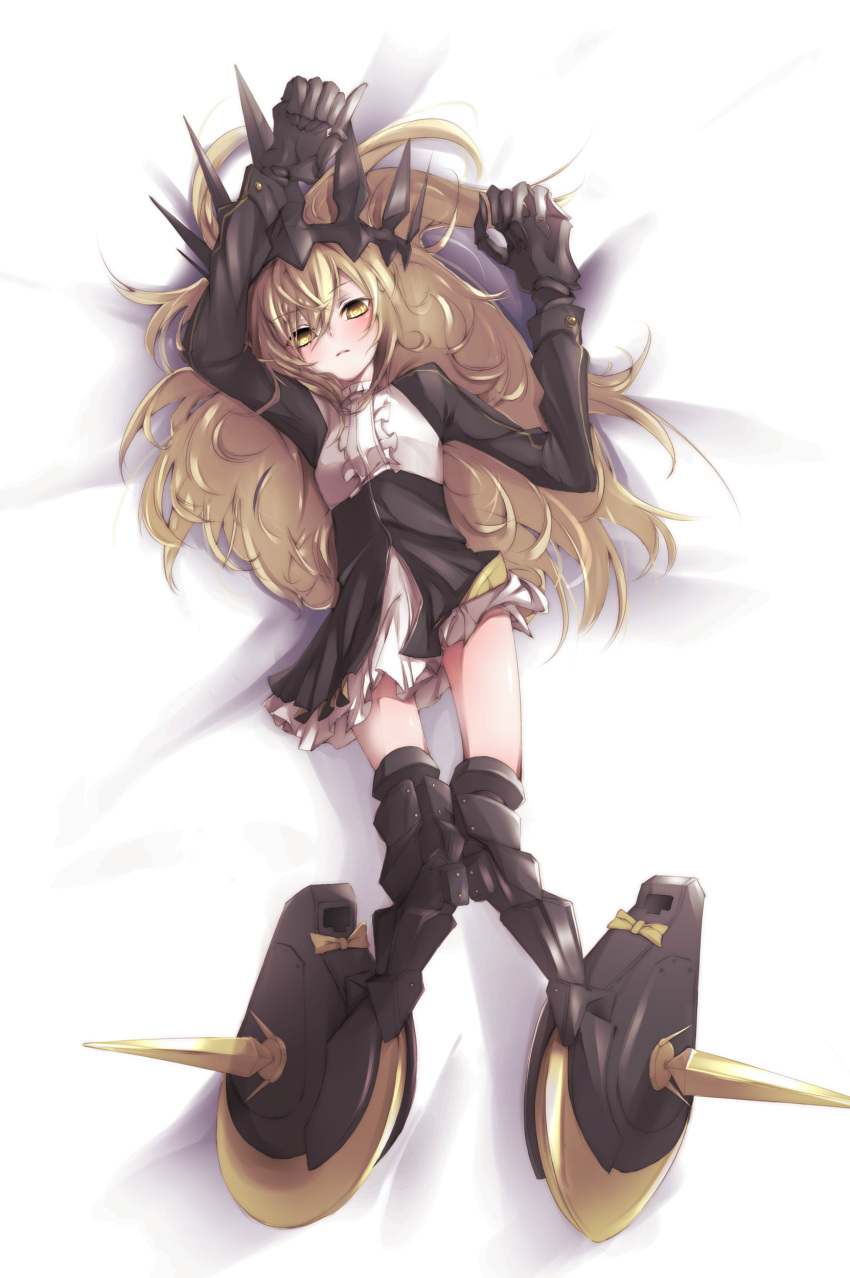 1girl absurdres arms_up black_legwear black_rock_shooter blonde_hair blush chariot_(black_rock_shooter) gauntlets greaves headdress highres knees_touching long_hair looking_at_viewer lying on_back skirt solo takka takka9294 takka_(aegis9294) wheels yellow_eyes