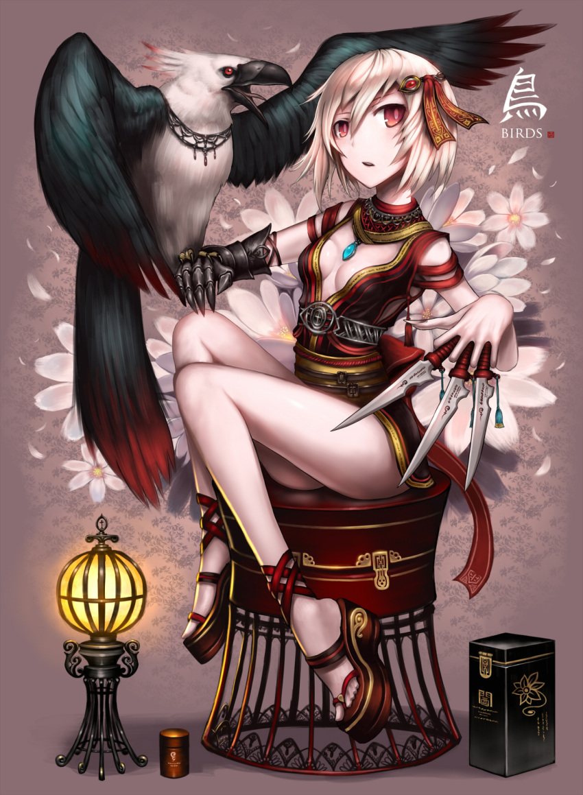 bird breasts cleavage flower gauntlets gia hair_ornament highres japanese_clothes knife lantern legs original red_eyes short_hair sitting stool weapon white_hair