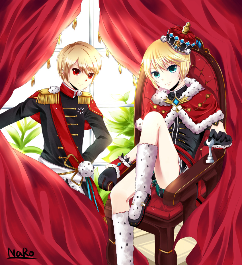 aqua_eyes bad_id blonde_hair character_request chung crown elsword elsword_(character) epaulettes highres male multiple_boys naroyang red_eyes shorts sitting smile uniform