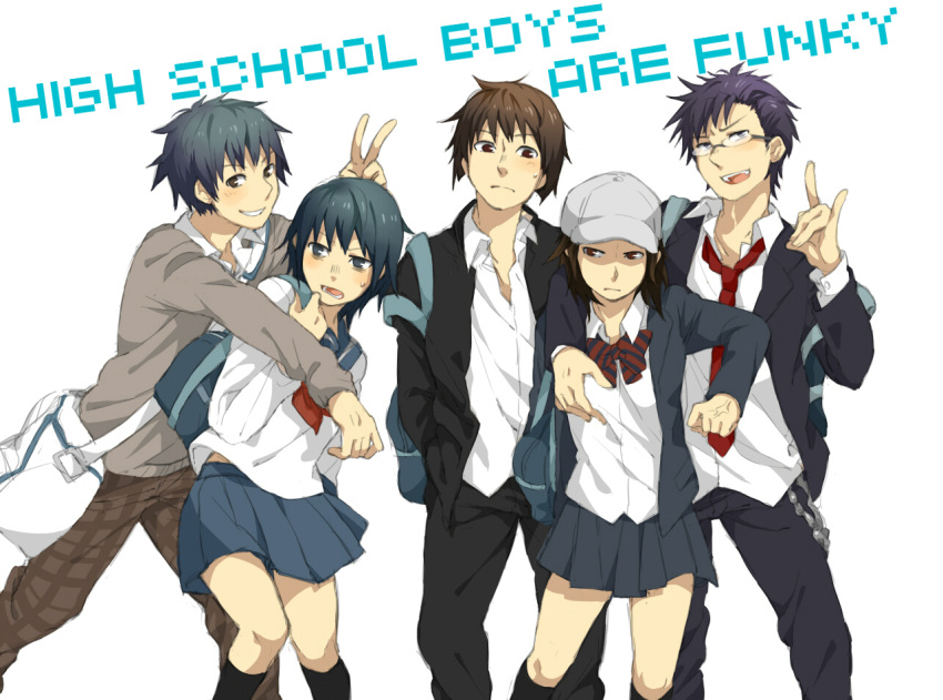 baseball_cap blue_hair bowtie brown_hair character_request danshi_koukousei_no_nichijou gakuran genderswap glasses habara_(danshi_koukousei) hat ikushima_(danshi_koukousei) karasawa_toshiyuki matsumoto_takahiro necktie purple_hair school_uniform serafuku shoulder_bag sneaker_kyou striped striped_bowtie sweater_vest yanagin_(danshi_koukousei)