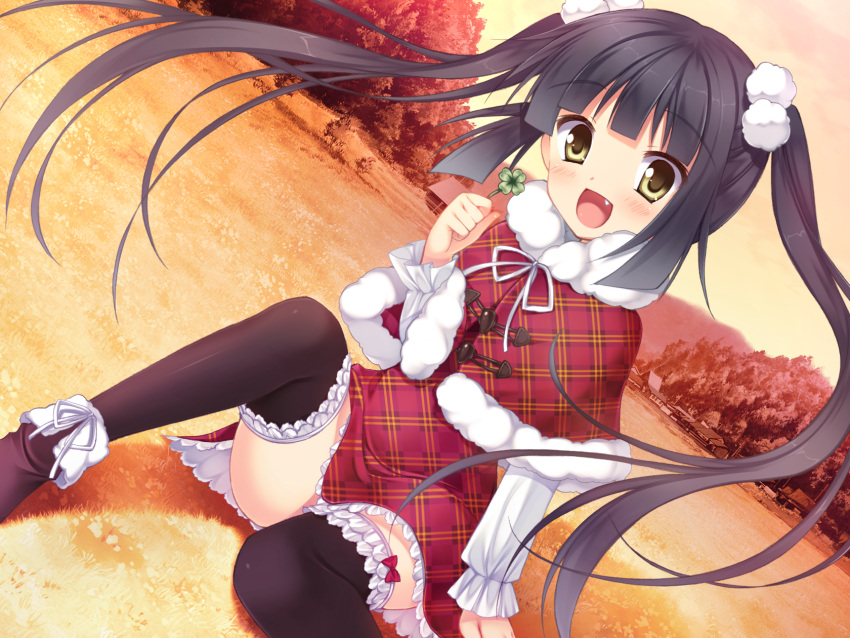 1girl blush boots bow fang female footwear game_cg grass kazama_minto long_hair open_mouth plaid plaid_dress sakura_no_reply sitting sitting_on_floor sky solo tagme thighhighs trees twintails