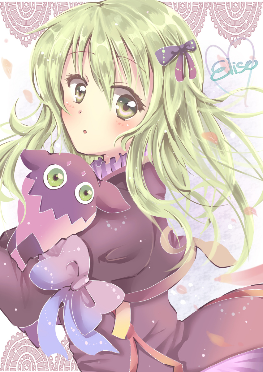 absurdres blonde_hair bolero bow character_name creature cropped_jacket elise_lutus green_eyes hair_bow highres niikura_kaori short_hair tales_of_(series) tales_of_xillia tipo_(xillia)