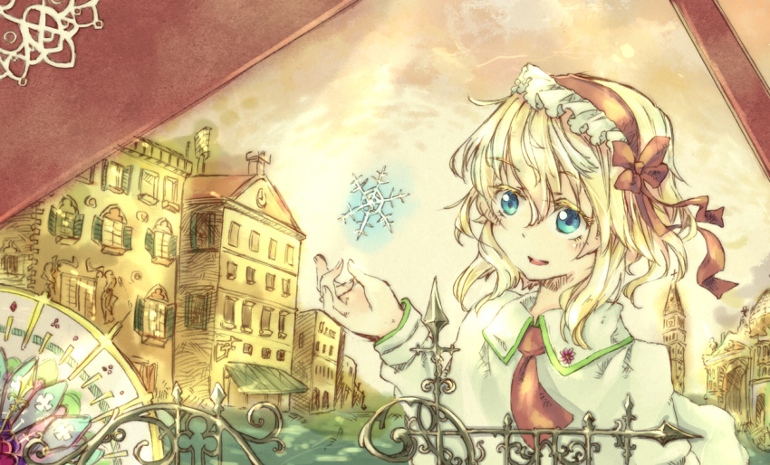 alice_margatroid blonde_hair blue_eyes building bust capelet hairband rl short_hair smile snowflakes solo touhou