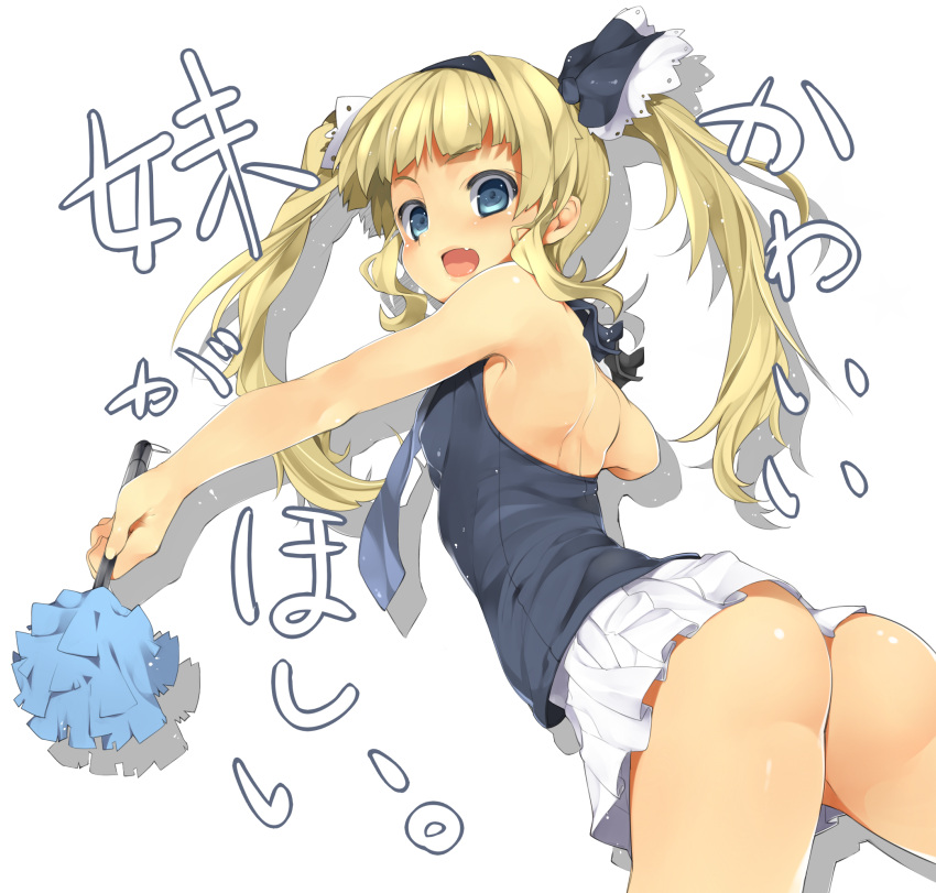 ass bare_back bare_shoulders blonde_hair blue_eyes blush fang hairband highres long_hair looking_at_viewer looking_back necktie nishikou_meri nishimuku_meri open_mouth original shiny shiny_skin simple_background skirt solo twintails