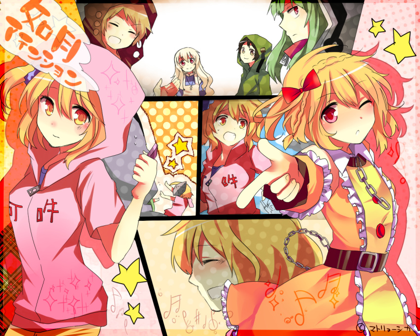 bad_id blonde_hair bow cellphone chain chains collar creator_connection dress dual_persona frills green_hair grin hair_bow hatsune_miku hoodie kagerou_project kano_(kagerou_project) kido_(kagerou_project) kisaragi_attention_(vocaloid) kisaragi_momo looking_at_viewer mary_(kagerou_project) matryoshka_(artist) matryoshka_(borscht) mekakushi_code_(vocaloid) mekakushi_cord_(vocaloid) multiple_boys multiple_girls musical_note phone pinting_at_viewer pointing pointing_at_viewer red_eyes seto_(kagerou_project) short_hair side_ponytail silver_hair smile souzou_forest_(vocaloid) star vocaloid wink