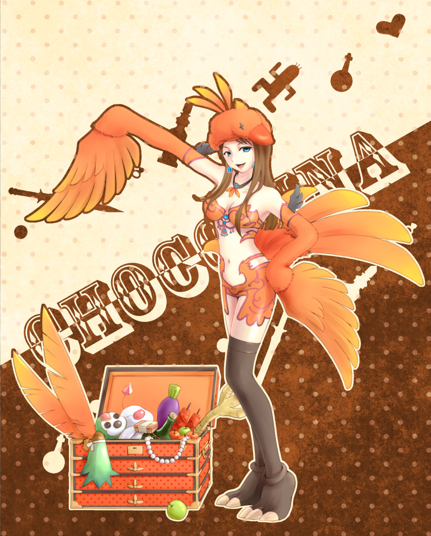 apple black_legwear blue_eyes brown_hair carbuncle chocolina drink feathers final_fantasy final_fantasy_xiii final_fantasy_xiii-2 food fruit hand_on_hip hat highres hips kururi_(pixiv2432322) legs long_hair moogle open_mouth solo thigh-highs thighhighs treasure_chest wings