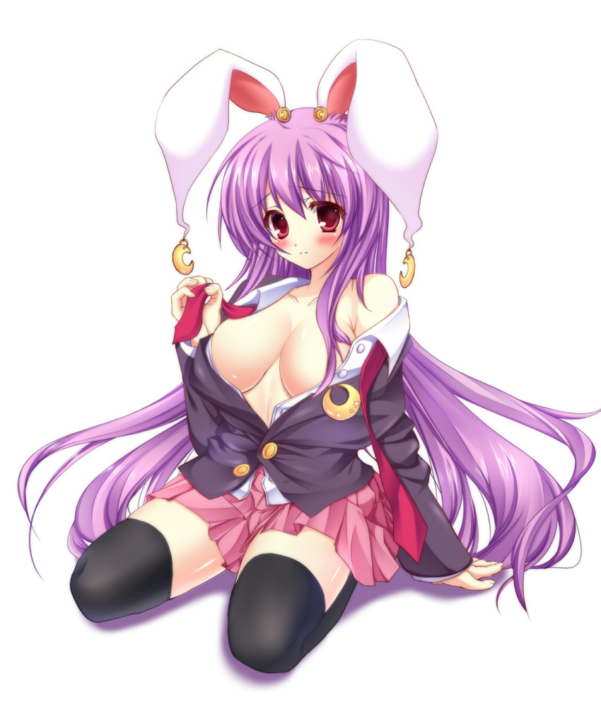 animal_ears bare_shoulders black_legwear blush breasts bunny_ears crescent earrings highres jewelry long_hair no_bra noumin off_shoulder open_clothes open_shirt purple_hair rabbit_ears red_eyes reisen_udongein_inaba skirt solo thigh-highs thighhighs touhou
