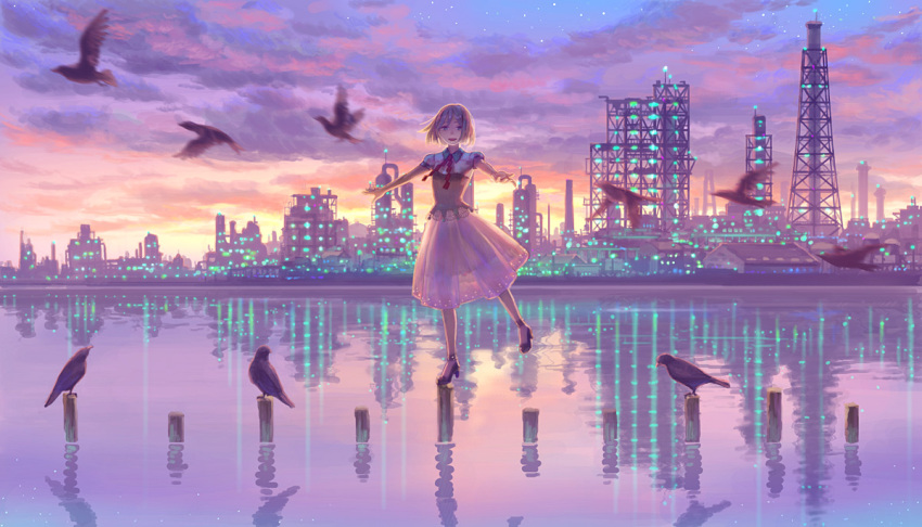 :d bird blue_eyes cityscape dress hiko_(scape) open_mouth original outstretched_arms scenery see-through see-through_silhouette sky smile solo standing_on_water water
