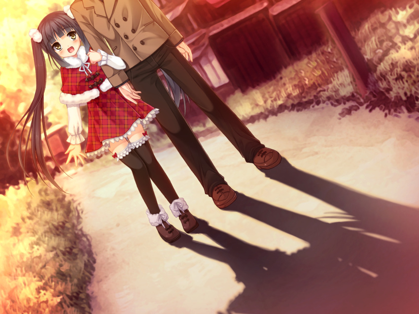 1boy 1girl blush boots bow female footwear game_cg grass head_out_of_frame kazama_minto long_hair plaid plaid_dress sakura_no_reply shadow sitting sitting_on_floor sky tagme thighhighs trees twintails