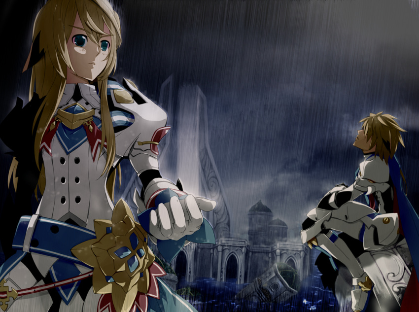 armor blonde_hair blue_eyes boots chung dual_persona elsword gloves kuroshio_maki long_hair male rain ruins serious sitting