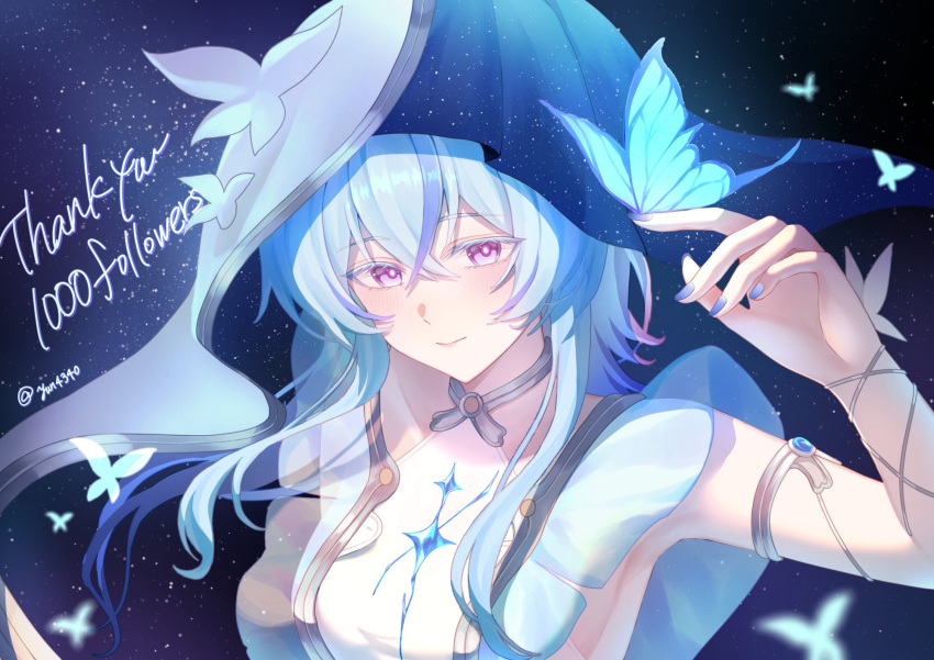 1girl armlet blue_butterfly blue_hair blue_nails blue_veil blush breasts bug butterfly butterfly_on_hand closed_mouth colored_eyelashes commentary_request english_text fingernails hair_between_eyes hand_up highres jewelry long_hair looking_at_viewer medium_breasts nail_polish shorekeeper_(wuthering_waves) smile solo twitter_username two-tone_veil upper_body veil violet_eyes white_veil wuthering_waves yun_(yun_4_11)