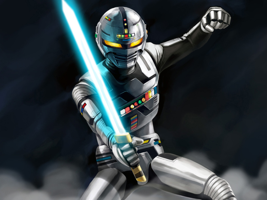 1boy gavan glowing glowing_eyes highres male matchin metal_hero solo sword uchuu_keiji_gavan weapon