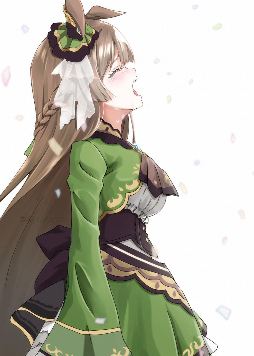 1girl absurdres ascot back_bow black_bow bow braid brown_ascot brown_hair closed_eyes commentary_request crying dress ear_ornament from_side green_dress highres horse_girl long_hair open_mouth profile satono_diamond_(natural_brilliance)_(umamusume) satono_diamond_(umamusume) solo take20131004 tears umamusume very_long_hair white_background