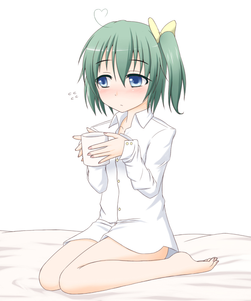 ahoge bare_legs barefoot blue_eyes blush bottomless contemporary cup daiyousei edamame_(barium) green_hair hair_ribbon heart_ahoge highres naked_shirt no_pants no_wings ribbon side_ponytail simple_background sitting solo touhou wariza white_background