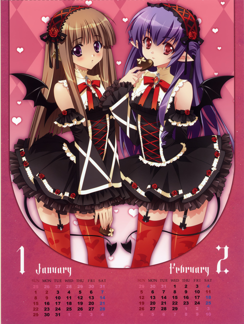 :o absurdres bangs bare_shoulders bat_print bat_wings blue_hair blush bow bowtie brown_hair calendar carnelian chinese chocolate corset cover cover_page cross detached_sleeves dress drill_hair embarrassed fairy_factory flower frills garter_straps gem gothic_lolita hairband heart heart_print highres holding lace lolita_fashion lolita_hairband lolita_headband long_hair looking_at_viewer multiple_girls nail_polish open_mouth payot pointy_ears print_legwear purple_eyes red_eyes red_legwear robot_ears rose scan seika_(fairy_factory) shiny shiny_hair short_dress smile standing thigh-highs thighhighs touka_(fairy_factory) turtleneck twin_drills valentine very_long_hair violet_eyes wide_sleeves wings zettai_ryouiki