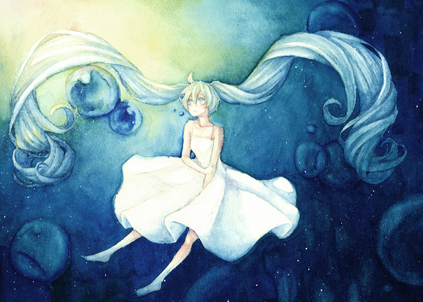 artist_request barefoot blue_eyes blue_hair bubble bubbles dress feet green_hair hatsune_miku light long_hair looking_up solo traditional_media twintails underwater very_long_hair vocaloid water watercolor white_dress