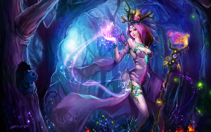 1girl bare_shoulders boots bracelet breasts cleavage dress emilia_leblanc facial_mark flower hair_flower hair_ornament highres jewelry large_breasts league_of_legends lips long_hair magic mushroom nature necklace pink_eyes pink_hair solo staff thighhighs tree xiaoguimist