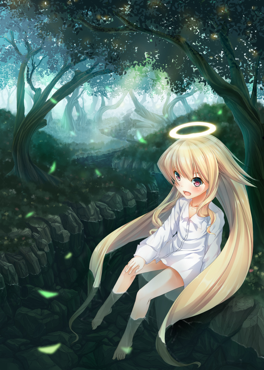 1girl angel angelia_avallone arcana_heart barefoot blonde_hair blush child dress_shirt fang feet_in_water forest halo highres leaf long_hair nature open_mouth partially_submerged re:n_ne red_eyes river shirt sitting slit_pupils smile soaking_feet solo stream tree very_long_hair water