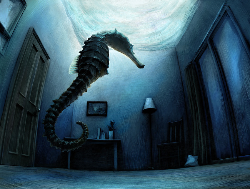 chair creepy dark door flower highres indoors ka92 lamp no_humans original picture_(object) pillow room seahorse surreal table