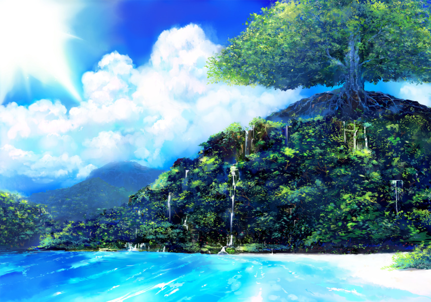 clouds forest highres matsumoto_noriyuki nature no_humans ocean original scenery sky sunlight tree water