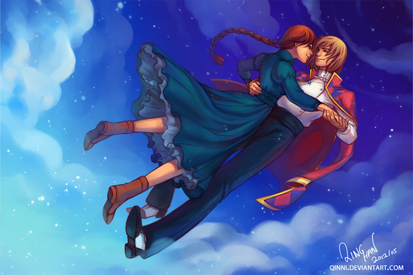 1girl 2012 blonde_hair blue_dress boots braid brown_hair couple dated dress floating hand_holding hat holding_hands howl howl_no_ugoku_shiro jewelry necklace pants qinni shoes signature single_braid sky sophie star_(sky) starry_sky studio_ghibli watermark web_address