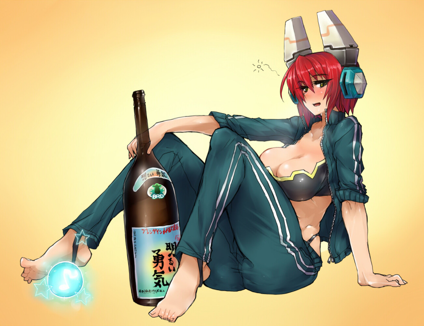 arm_support barefoot blush breasts cleavage cosmic_break drunk headgear hiccup highleg highleg_panties large_breasts looking_at_viewer maril_march open_clothes panties red_eyes sake saliva short_hair sitting skj sleeves_pushed_up solo track_suit underwear yellow_eyes