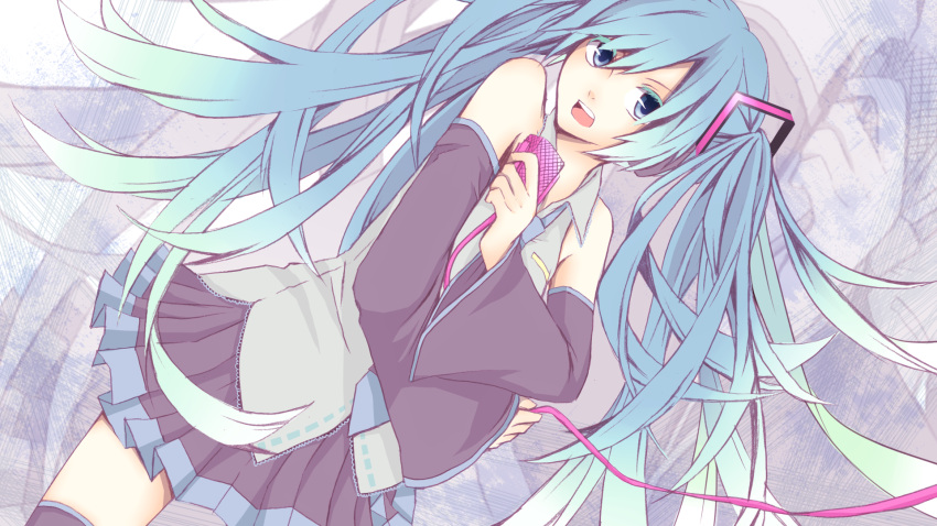 arm_warmers blue_eyes detached_sleeves hatsune_miku highres long_hair microphone nanase_eka necktie open_mouth skirt thigh-highs thighhighs twintails very_long_hair vocaloid zoom_layer