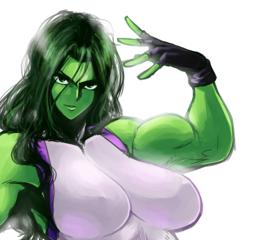 breasts face fingerless_gloves gloves green_eyes green_hair green_skin large_breasts leotard long_hair marvel marvel_vs._capcom marvel_vs._capcom_3 marvel_vs_capcom muscle muscular she-hulk simple_background solo space_jin spacezin supeesujin white_background