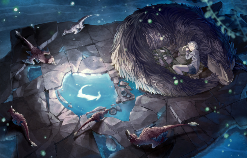 backpack bag dinosaur dragon feathers from_above fur highres long_hair lying mizushirazu monster open_mouth original puddle shirt short_hair shorts sleeping smile solo tail water white_hair