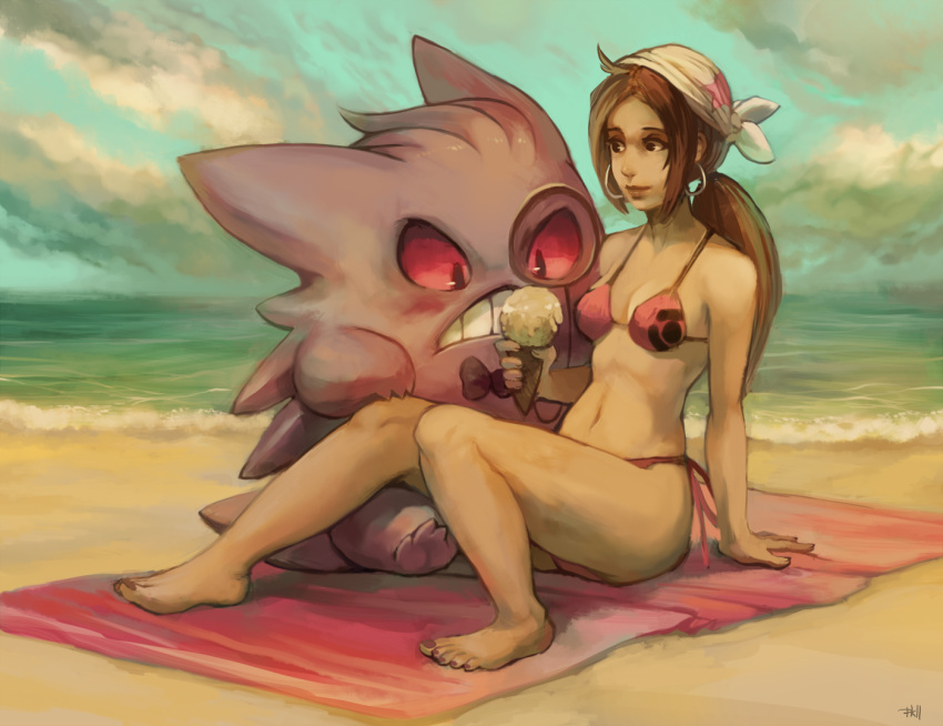 alternate_hairstyle bandana bandanna beach bikini blue_sky blush breasts brown_eyes brown_hair clothed_pokemon cloud clouds earrings fingernails food food_awe gengar ghost hair_slicked_back holding hoop_earrings ice_cream jewelry knees_together_feet_apart lips long_hair midriff monocle navel nose ocean original pink_bikini pokemon pokemon_(creature) ponytail purplekecleon realistic sand side-tie_bikini sitting sky star swimsuit teeth toenails toes towel