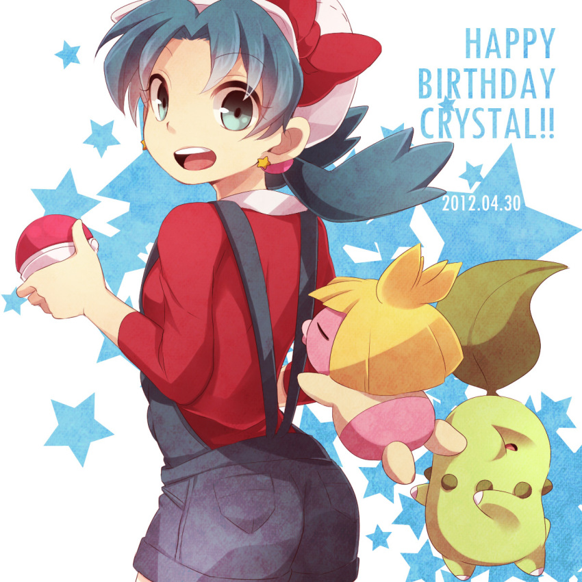 1girl 2012 ass blue_eyes blue_hair bow character_name chikorita crystal_(pokemon) dated earrings happy_birthday hat hat_bow highres holding holding_poke_ball jewelry looking_at_viewer no_eyes open_mouth poke_ball pokemon pokemon_(creature) pokemon_(game) pokemon_gsc pokemon_special saku_anna smoochum solo star star_earrings twintails