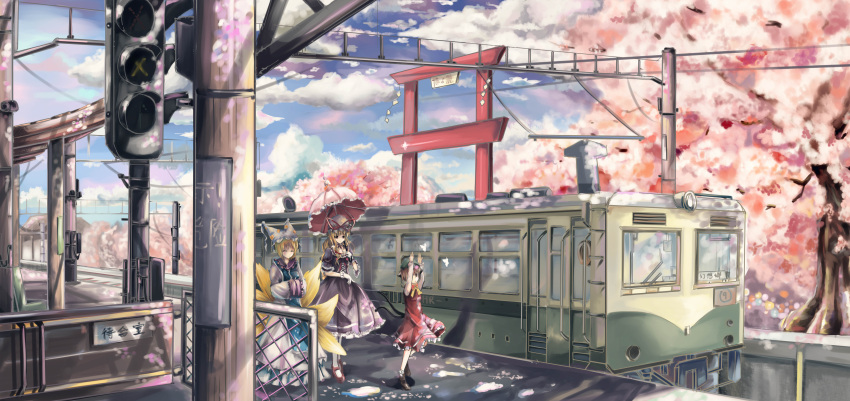 &#9320; absurdres animal_ears arms_up blonde_hair blue_sky brown_hair butterfly cat_ears cat_tail chen cherry_blossoms closed_eyes cloud clouds dress eyes_closed fox_tail hands_in_sleeves hat hat_ribbon hat_with_ears highres long_hair multiple_girls multiple_tails parasol purple_dress qianqian red_dress ribbon shirt short_hair sign sky tabard tail torii touhou train train_station translated translation_request tree umbrella white_dress yakumo_ran yakumo_yukari â‘¨