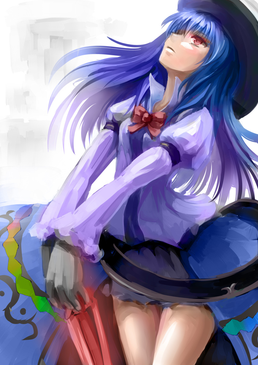 absurdres arm_strap belt blue_hair bowtie gloves hat highres hinanawi_tenshi long_hair long_sleeves myero pose red_eyes solo sword touhou weapon