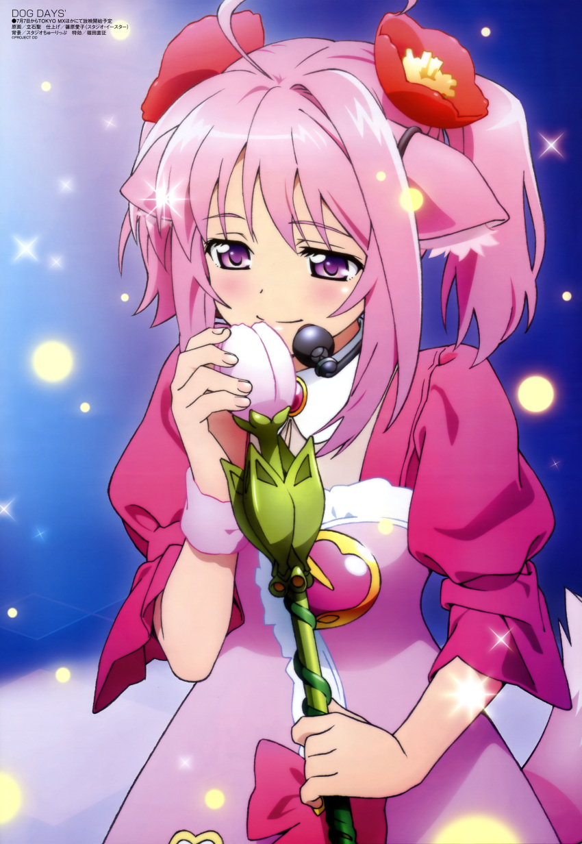 absurdres ahoge animal_ears bangs blush bow brooch cable detached_collar dog_days dog_ears dog_tail dress flower gem hair_flower hair_intakes hair_ornament headset heart highres holding jewelry light_particles looking_down megami microphone microphone_stand millhiore_f_biscotti official_art payot pink_eyes pink_hair purple_eyes scan shiwasu_takashi short_twintails smile solo sparkle standing tail tulip twintails wristband