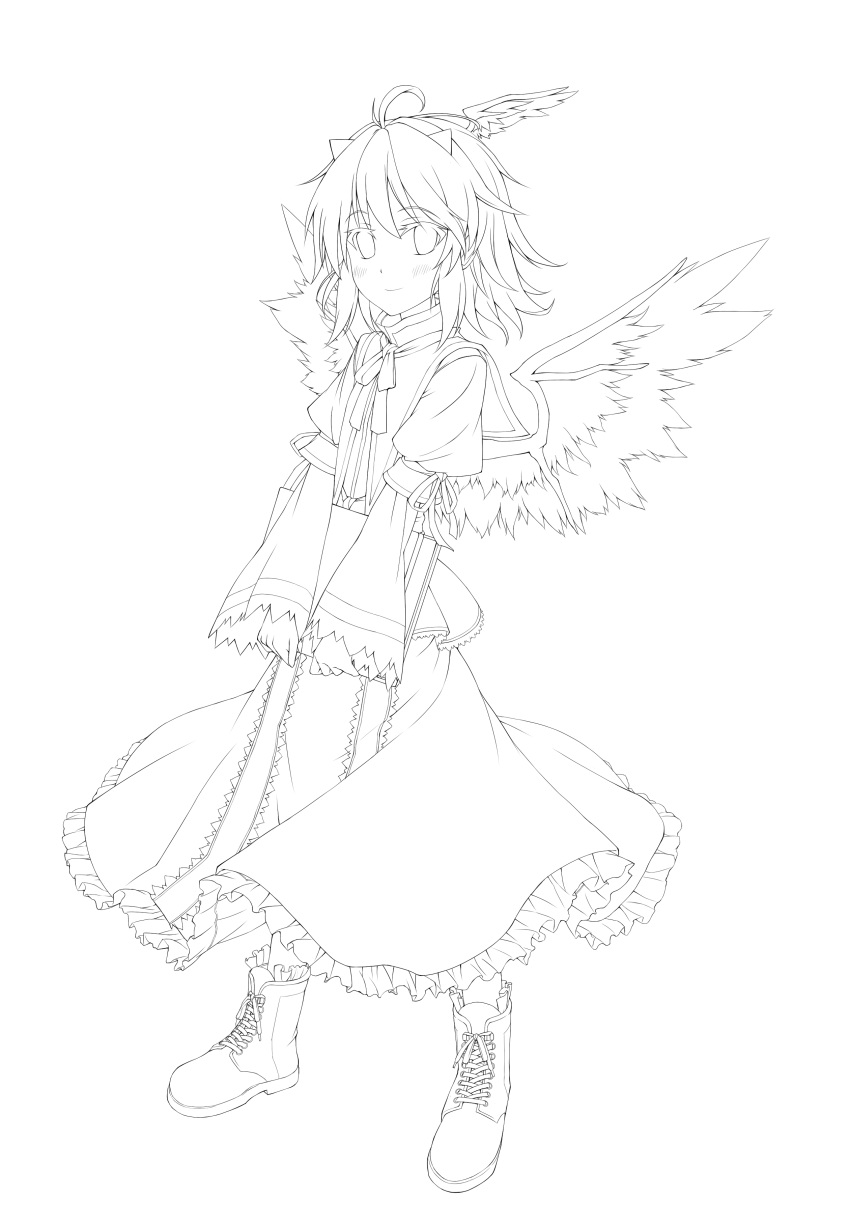 absurdres book boots eho_(icbm) head_wings highres horns lineart looking_at_viewer monochrome short_hair smile solo tokiko tokiko_(touhou) touhou transparent_background wings