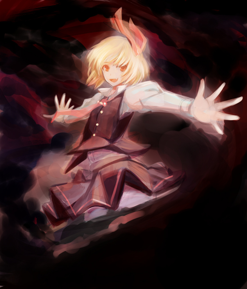 ascot blonde_hair darkness dearmybrothers fang hair_ribbon highres looking_at_viewer open_mouth outstretched_arms red_eyes ribbon rumia shirt short_hair skirt skirt_set smile solo touhou vest youkai