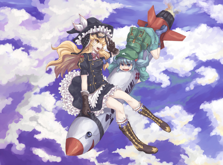 backpack bag blue_eyes blue_hair boots cross-laced_footwear flight_goggles frills gloves hair_bobbles hair_ornament hat highres kawashiro_nitori kirisame_marisa lace-up_boots mimi-chan missile multiple_girls mumulatte open_mouth short_hair sidesaddle sitting tears touhou twintails witch witch_hat yellow_eyes yin_yang