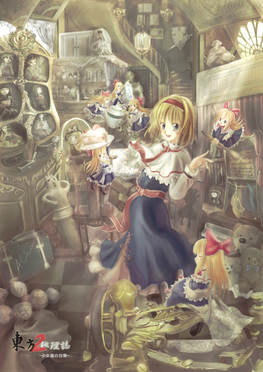 absurdres alice_margatroid armor bear blonde_hair blue_eyes blush book bookcase bookshelf boots bow buta_(jason13dead) cabinet cake capelet case chair character_doll chinese_clothes cirno clock curtains dogou dogu doll dress food frog hair_bow hairband helmet highres hina_ningyou interior japanese_clothes kimono kirisame_marisa lamp lance long_hair milk milk_carton open_mouth photo photo_(object) polearm pot sewing_machine shadow shanghai_doll shoes short_hair smile solo spoon stuffed_toy sword table touhou weapon wedding_dress weeding_dress