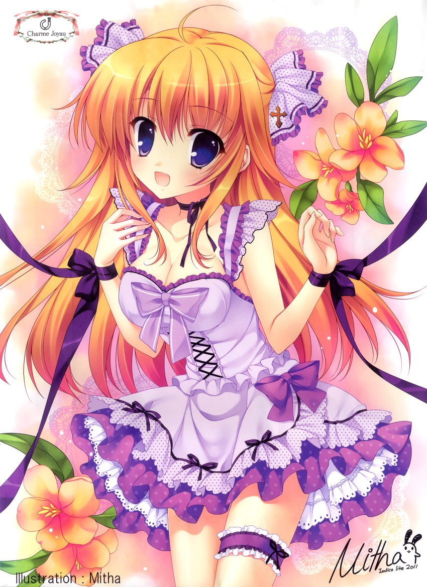 2011 :d absurdres ahoge artist_name autographed blue_eyes breasts character_name cleavage cross dated dress flower garter highres long_hair mitha open_mouth orange_hair original ribbon_choker signature smile solo thigh_strap