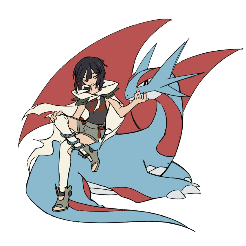 1girl anklet black_hair brown_eyes cape closed_mouth hand_on_own_knee hand_up highres jewelry medium_hair open-toe_shoes over-kneehighs pokemon pokemon_(creature) pokemon_omega_ruby_and_alpha_sapphire salamence shirt shorts simple_background sitting sleeveless sleeveless_shirt thigh-highs white_background xlii_idk zinnia_(pokemon)