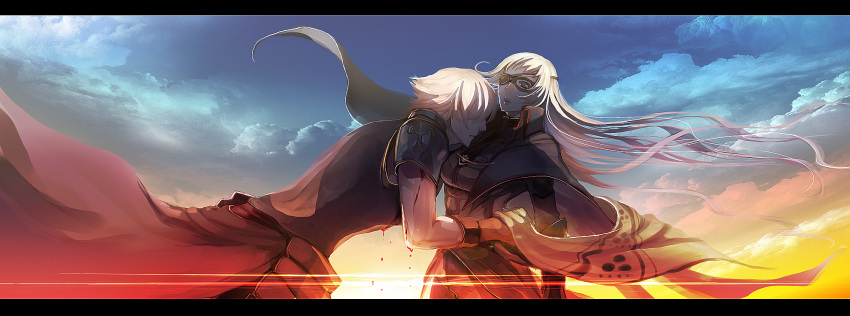 1girl cape cloud clouds eyepatch goggles highres injury long_hair long_image nicole no_eyes pixiv_fantasia pixiv_fantasia_5 scenery short_hair shoulder_pads sky sunset white_hair wide_image wind
