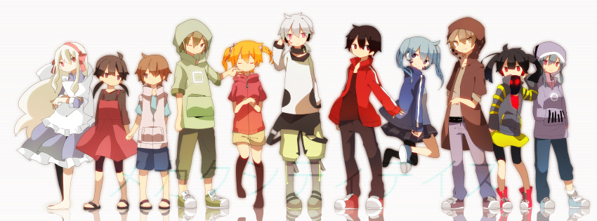 blonde_hair creator_connection ene_(kagerou_project) headphone_actor_(vocaloid) hibiya_(kagerou_project) highres hiyori_(kagerou_project) jinzou_enemy_(vocaloid) kagerou_days_(vocaloid) kagerou_project kano_(kagerou_project) kido_(kagerou_project) kisaragi_attention_(vocaloid) kisaragi_momo kisaragi_shintarou konoha_(kagerou_project) konoha_no_sekai_jijou_(vocaloid) long_hair mary_(kagerou_project) meega mekakushi_code_(vocaloid) mekakushi_cord_(vocaloid) multiple_boys multiple_girls red_eyes seto_(kagerou_project) short_hair silver_hair smile souzou_forest_(vocaloid) twintails vocaloid