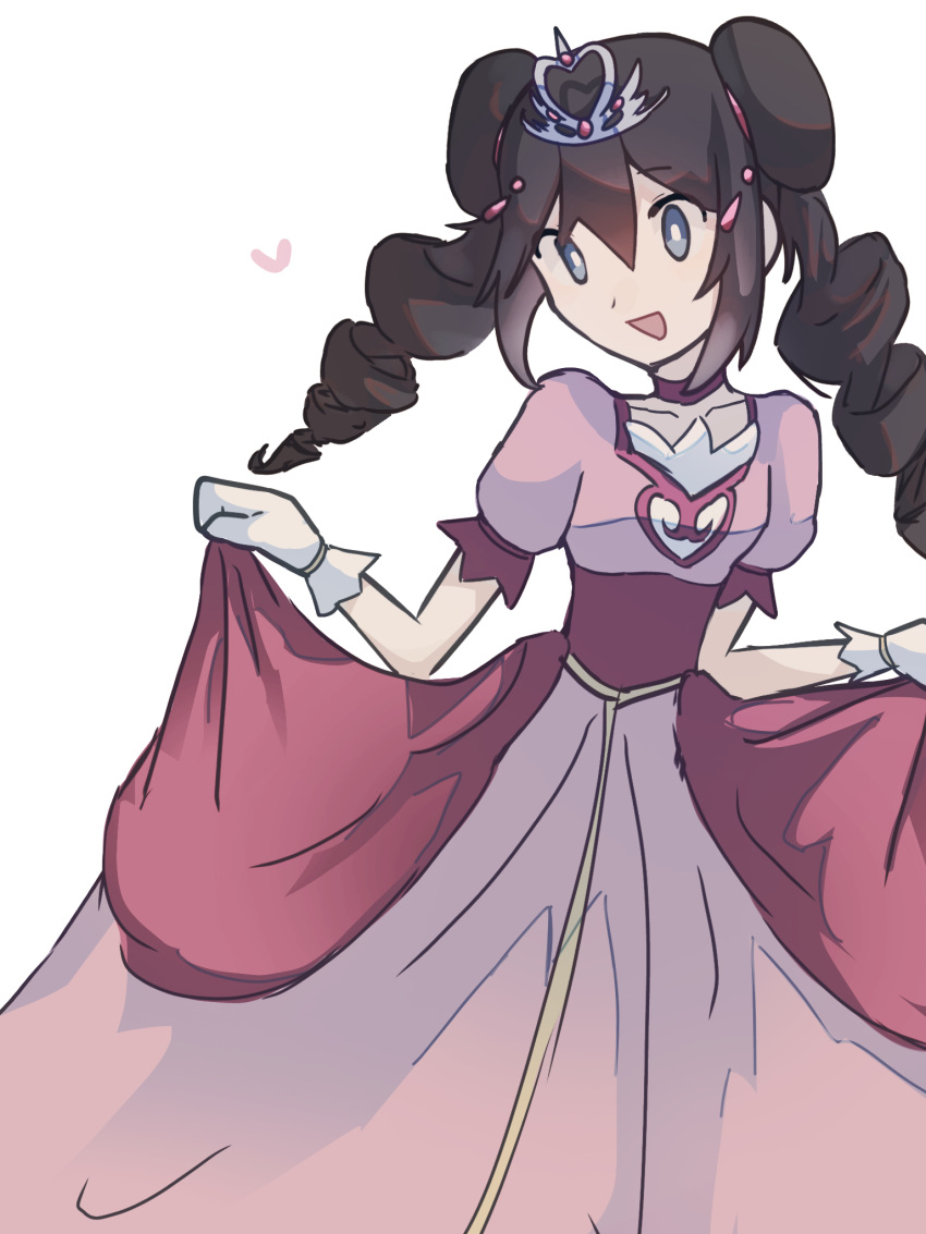 1girl acb_404 blue_eyes brown_hair commentary_request curtsey dress drill_hair gloves heart highres pink_dress pokemon pokemon_black_2_and_white_2 pokestar_studios rosa_(pokemon) simple_background smile solo tiara twin_drills white_background white_gloves