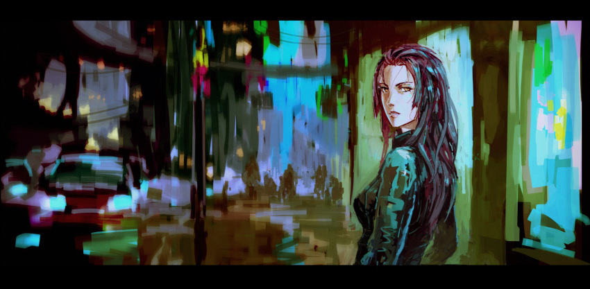 afi_(arsenixc) arsenixc blurry city depth_of_field highres jacket letterboxed long_hair looking_back neon_lights original parted_lips purple_hair rough solo yellow_eyes
