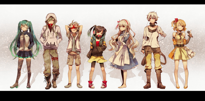 2boys 5girls apron aqua_hair barefoot belt bike_shorts black_hair blonde_hair blood boots creator_connection ene_(kagerou_project) eyes_closed frills gas_mask green_hair hair_bow hair_over_one_eye hands_in_pockets headphone_actor_(vocaloid) headphones hibiya_(kagerou_project) hoodie jacket jinzou_enemy_(vocaloid) kagerou_days_(vocaloid) kagerou_project kido_(kagerou_project) kisaragi_attention_(vocaloid) kisaragi_momo konoha_(kagerou_project) konoha_no_sekai_jijou_(vocaloid) letterboxed lineup long_hair mary_(kagerou_project) mekakushi_code_(vocaloid) mekakushi_cord_(vocaloid) microphone multiple_boys multiple_girls pleated_skirt red_eyes short_hair shorts side_ponytail silver_hair skirt smile souzou_forest_(vocaloid) thigh-highs twintails vocaloid white_hair wink yunco