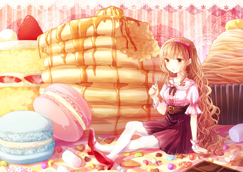 1girl bad_id belt bow brown_eyes brown_hair cake candy dress food fork fruit hair_bow high_heels highres in_food kohaku. lipstick long_hair macaron makeup minigirl nail_polish original oversized_object pancake pantyhose shoes solo strawberry sweets white_legwear