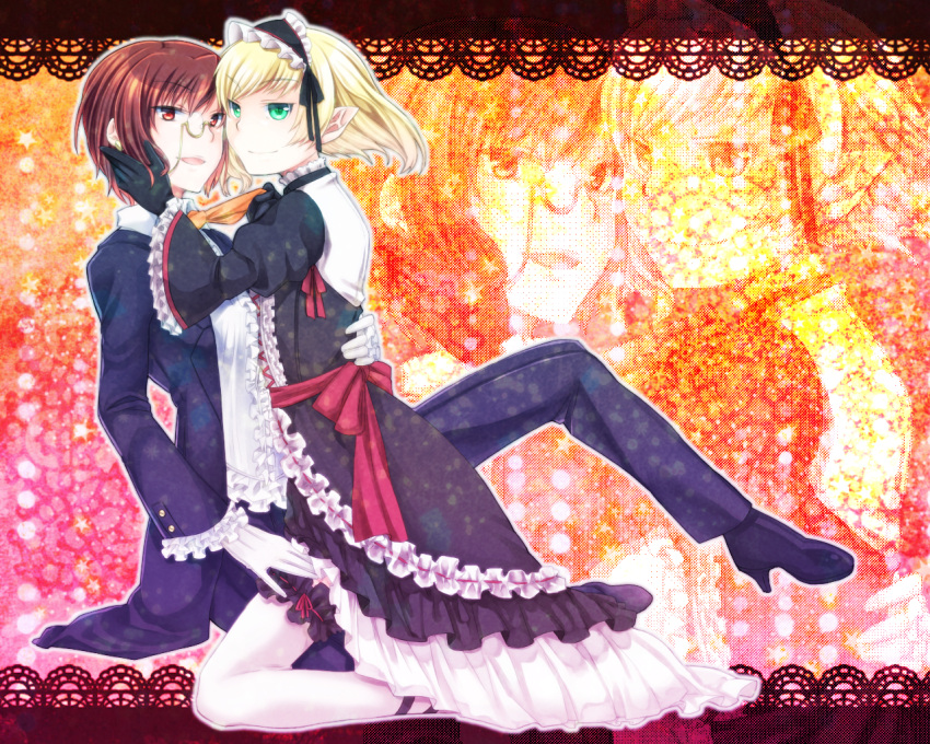 1girl aozaki_touko apron blonde_hair crossdressinging earrings formal frills gloves green_eyes high_heels jewelry kamehima lugh_beowulf mahou_tsukai_no_yoru maid maid_headdress monocle pantyhose pointy_ears red_eyes red_hair redhead reverse_trap shoes short_hair smile suit thigh-highs thighhighs trap