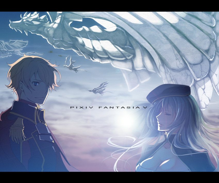 1girl backlighting beret blonde_hair blue_eyes blue_hair breasts cleavage closed_eyes cloud clouds creature dragon eyes_closed hat height_difference highres letterboxed light light_smile long_hair nicole pixiv_fantasia pixiv_fantasia_5 short_hair sky title_drop wind