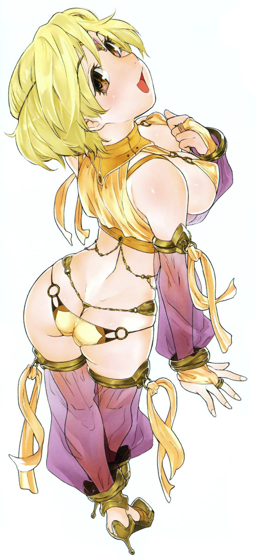 absurdres artist_request ass blonde_hair breasts brown_eyes butt_crack character_request cleavage crop_top from_above from_behind harem_outfit high_heels highres large_breasts looking_at_viewer looking_back midriff o-ring_bottom o-ring_top open_mouth panties power_play_(comic) see-through shiny shiny_skin shoes short_hair sideboob simple_background skindentation smile solo underwear white_background yamatogawa